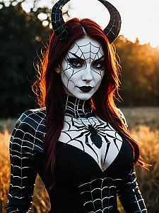 Sexy Mother Spider Demon Woman Cosplay with Black Horns and Web Face Paint