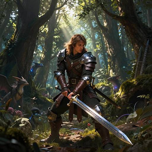 Medieval Knight in Enchanted Forest with Sword and Fantasy Creatures