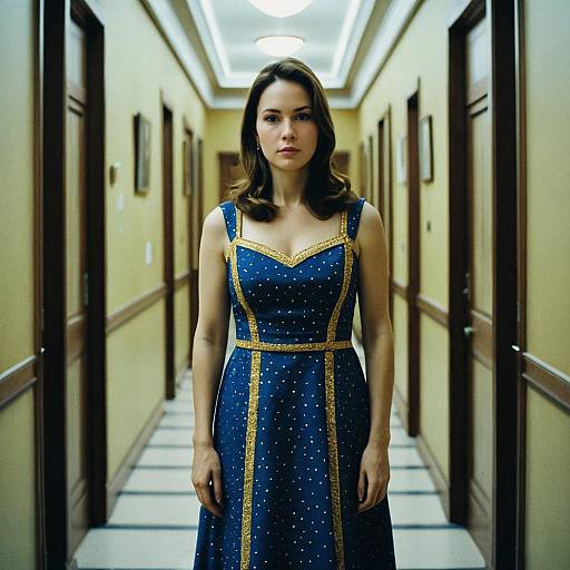 Woman in Blue and Gold Dress Standing in Elegant Hallway