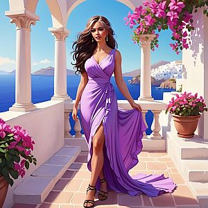 Stylish Woman in Lavender Dress on Mediterranean Terrace