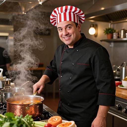 Happy Male Chef Cooking Soup in Professional Kitchen with Striped Toque