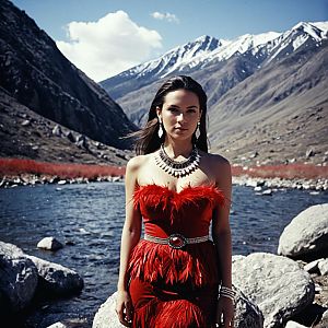 Confident Woman in Red Dress by Mountain River