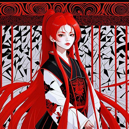 Anime Woman with Long Red Hair in Traditional Outfit Amidst Abstract Background