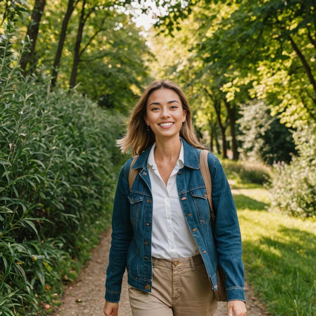 Woman Enjoying a Relaxing Walk in Lush Greenery