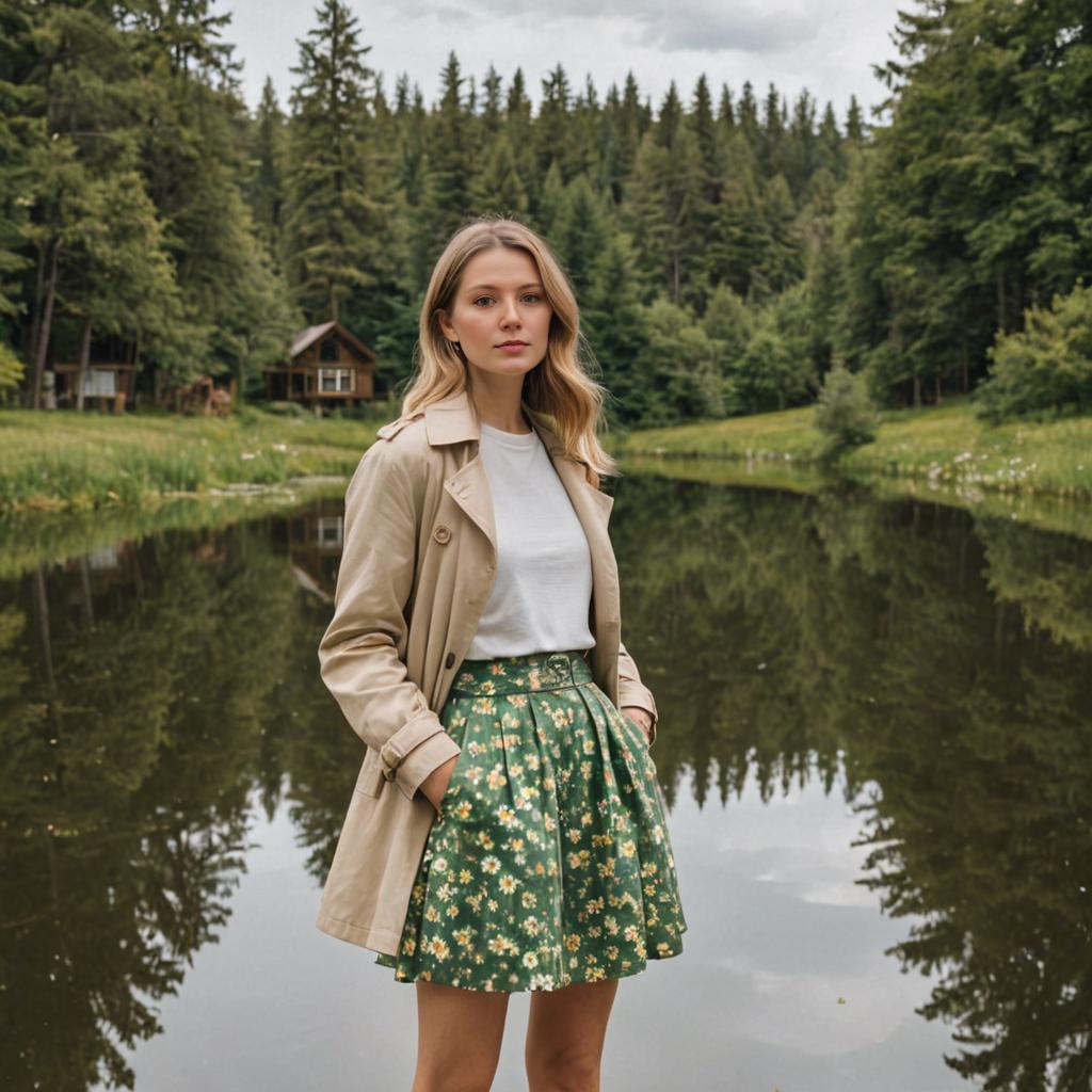 Young Woman by Tranquil Pond in Beige Trench Coat