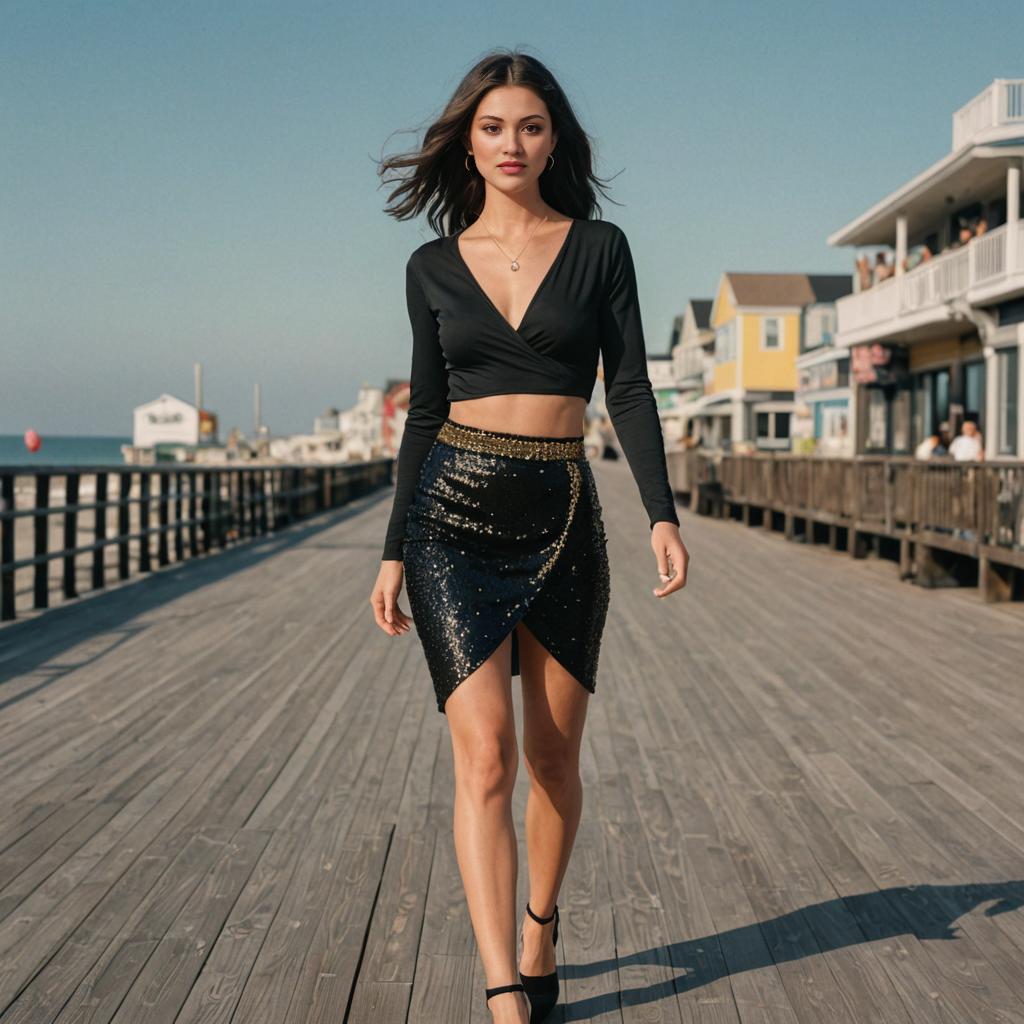 Confident Woman in Fashionable Black Ensemble on Boardwalk