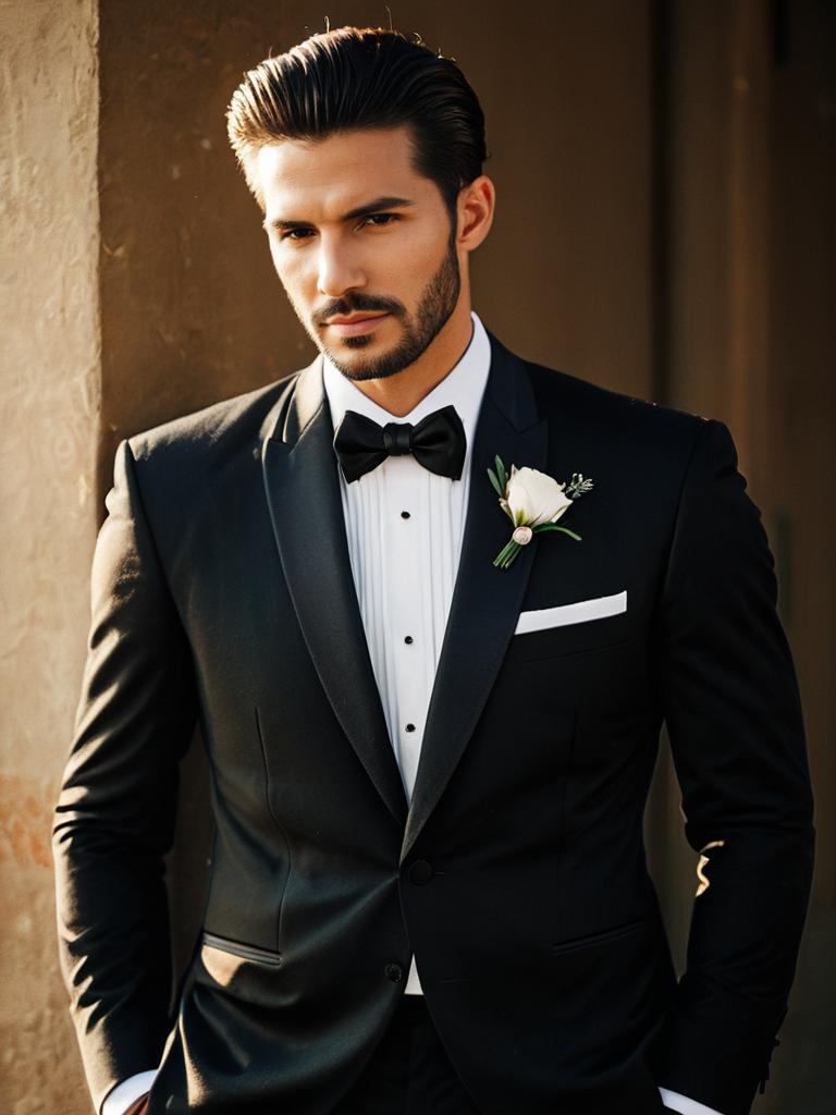 Man in Wedding Tuxedo Classic Black Bow Tie Photorealistic Studio Portrait