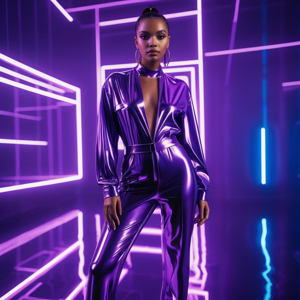 Stylish Woman in Purple Outfit with Neon Lights