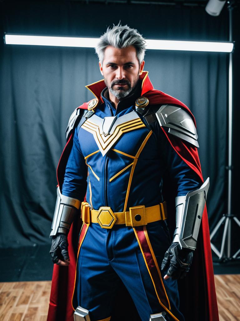 Cosplay Man in Blue Suit with Red Cape