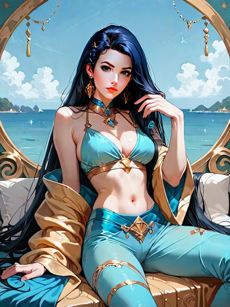 Realistic Anime Woman in Triangle Bikini Top and Nylon Pants by the Sea