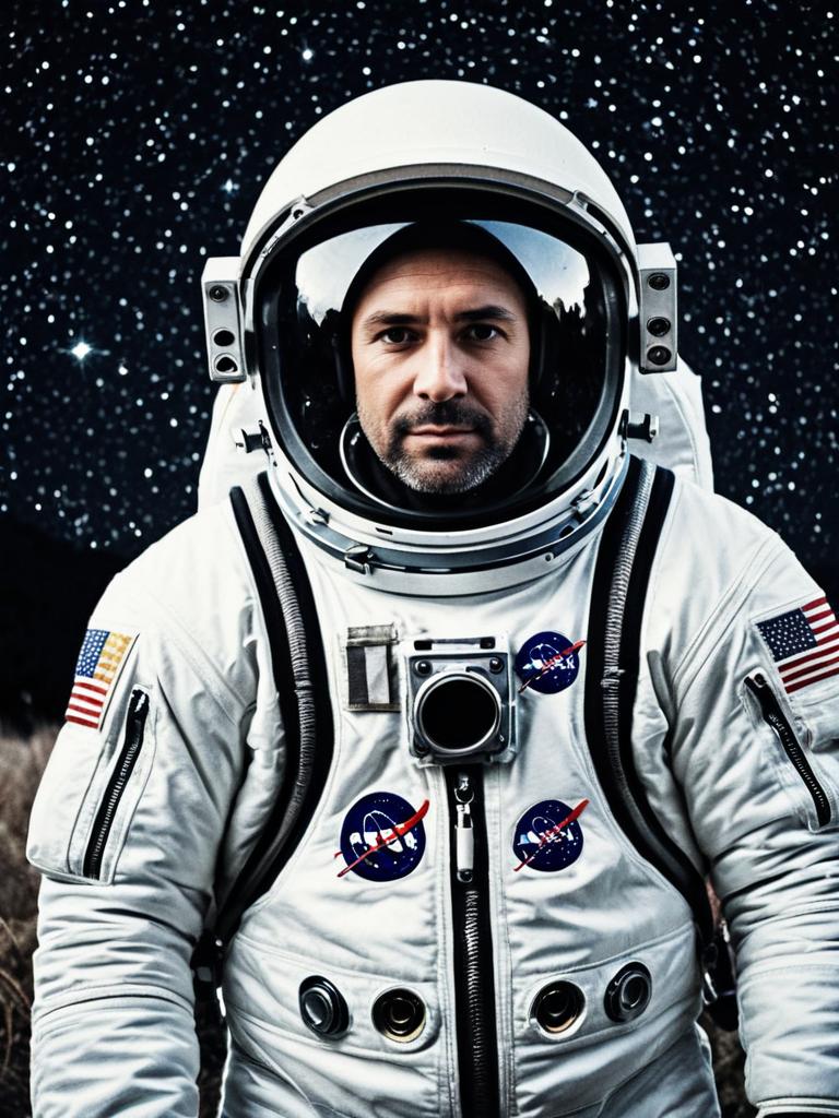 Photorealistic Portrait of Man in Astronaut Costume with Starry Night Background