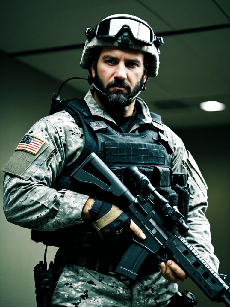 Man in Seal Team Six Raid Costume Cosplay Holding Tactical Rifle