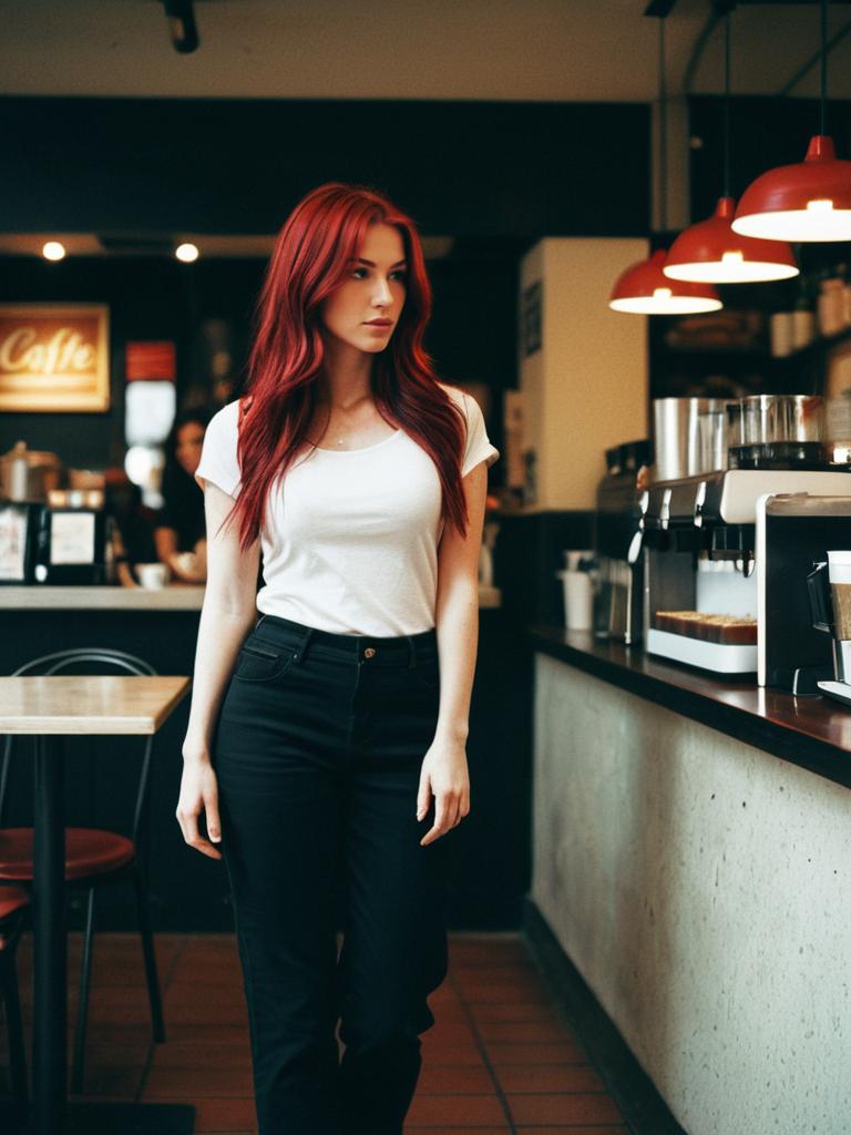 Young Red-Haired Woman in Casual Outfit Inside Modern Cafe