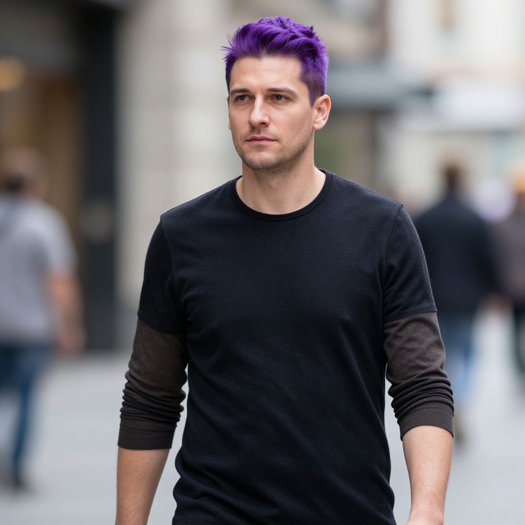 Young Man with Purple Hair Walking in Urban Street Style