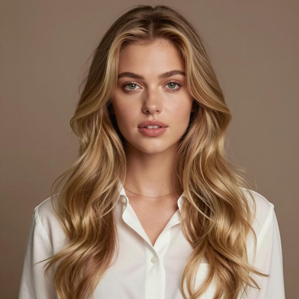 Portrait of Blonde Woman with Wavy Hair in White Shirt
