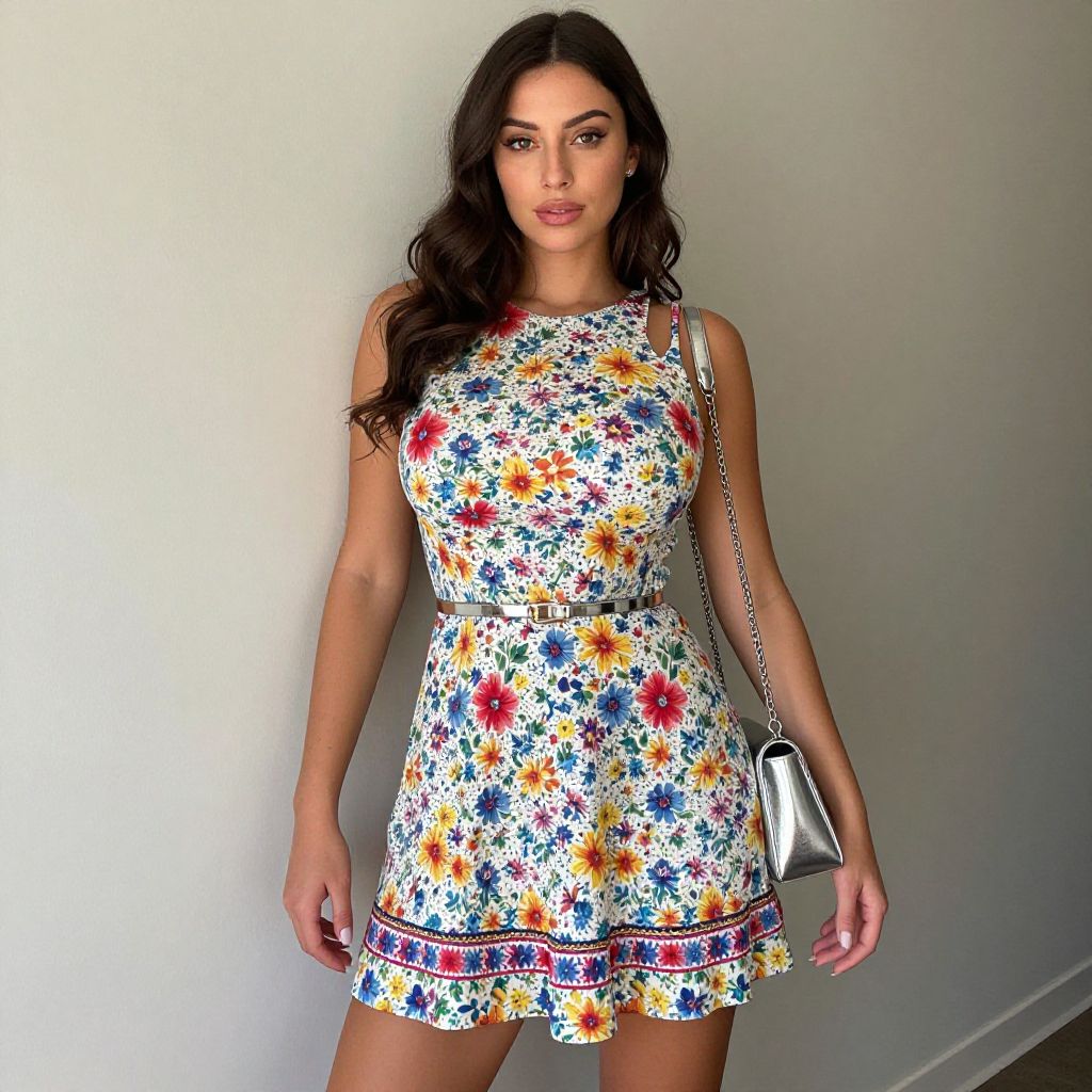 Woman in Floral Summer Dress with Silver Handbag