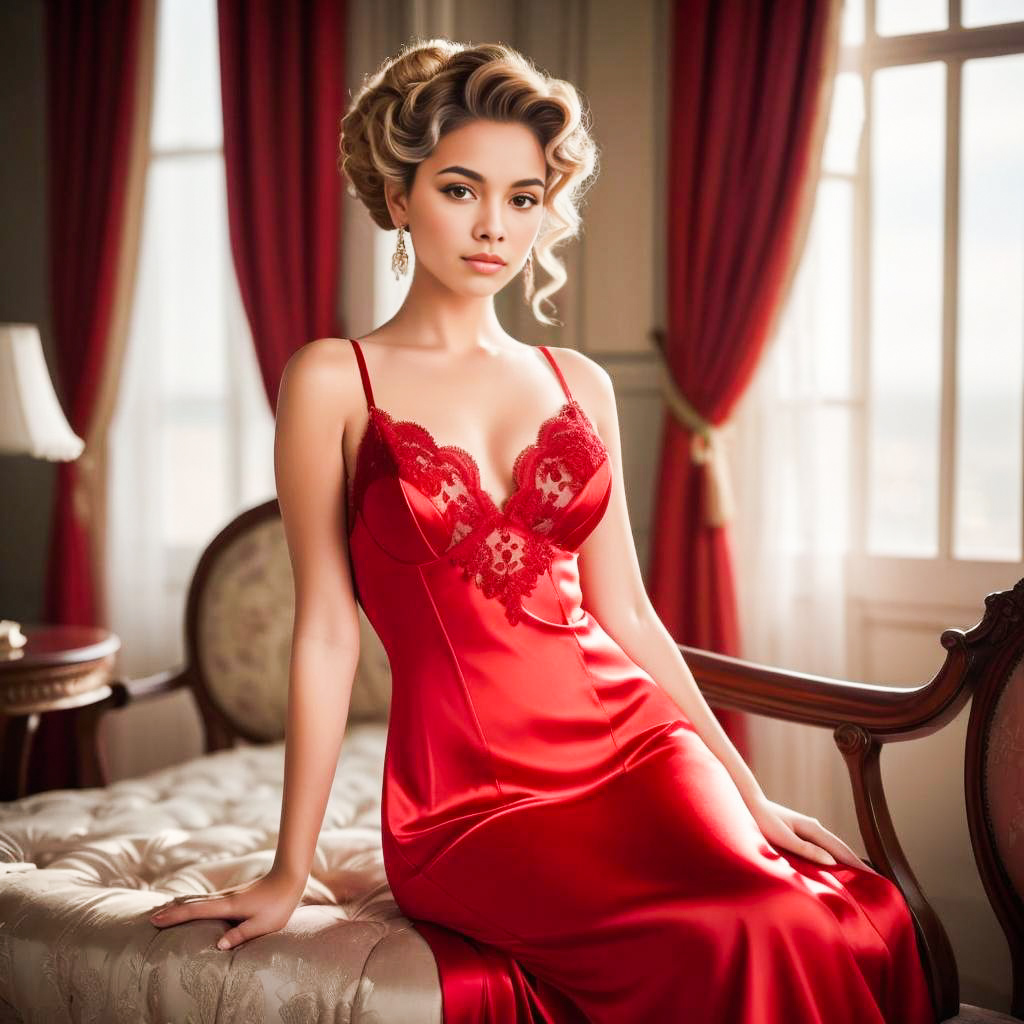 Elegant Woman in Red Satin Dress