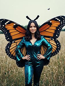 Woman Wearing Monarch Butterfly Costume with Shiny Teal Jumpsuit Outdoors