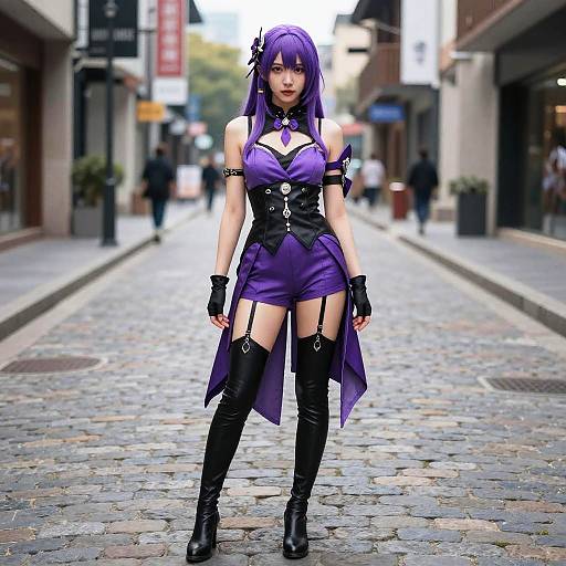Purple and Black Purple-Haired Woman in Fantasy Cosplay Costume on Street