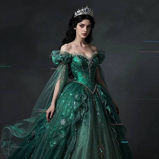 Elegant Woman in Green Fantasy Ball Gown with Tiara