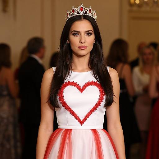 Woman in White Dress with Red Heart and Jeweled Crown at Elegant Event