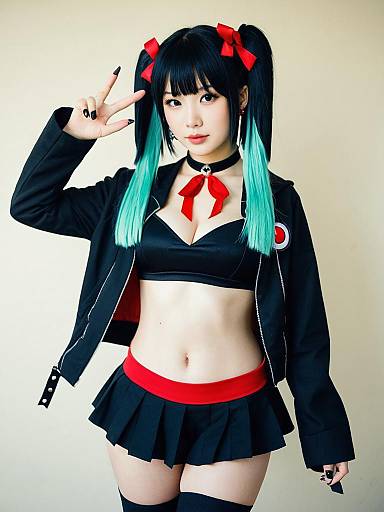 Morpeko Hangry Mode Cosplay with Teal Hair and Black Red Outfit