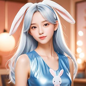 Young Woman in Blue Dress with Bunny Ears