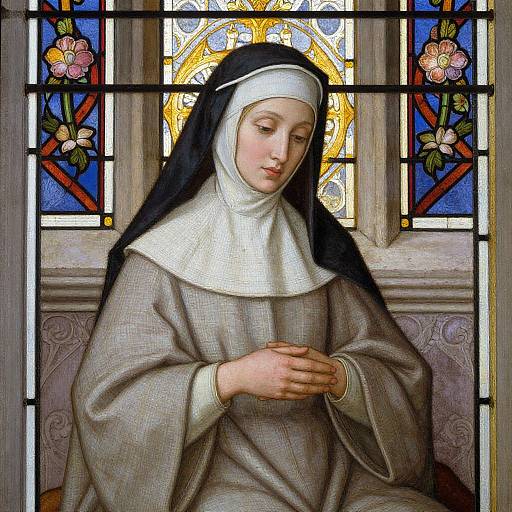 Portrait of a Contemplative Nun with Stained Glass Background