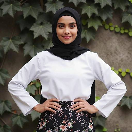 Confident Young Woman Wearing Black Hijab and Floral Skirt Outdoors