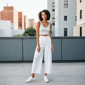 Confident Young Woman in White Outfit Against Urban Backdrop