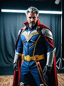 Cosplay Man in Blue Suit with Red Cape
