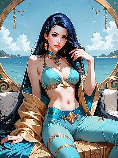 Realistic Anime Woman in Triangle Bikini Top and Nylon Pants by the Sea