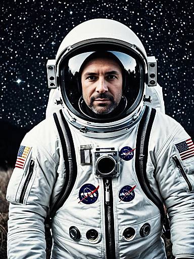 Photorealistic Portrait of Man in Astronaut Costume with Starry Night Background