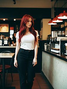 Young Red-Haired Woman in Casual Outfit Inside Modern Cafe