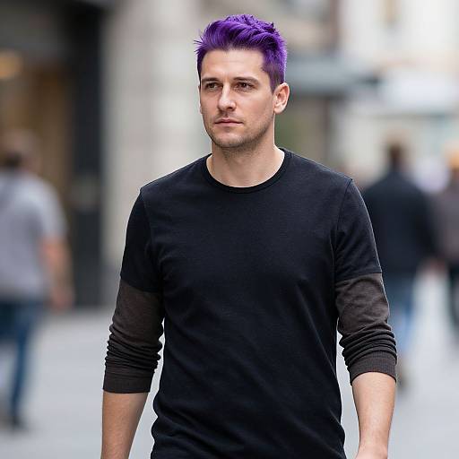 Young Man with Purple Hair Walking in Urban Street Style