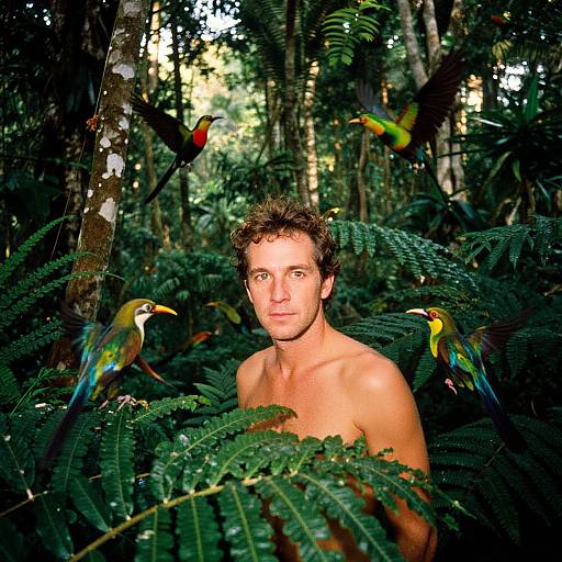 Shirtless Man Surrounded by Colorful Motmots in Tropical Forest