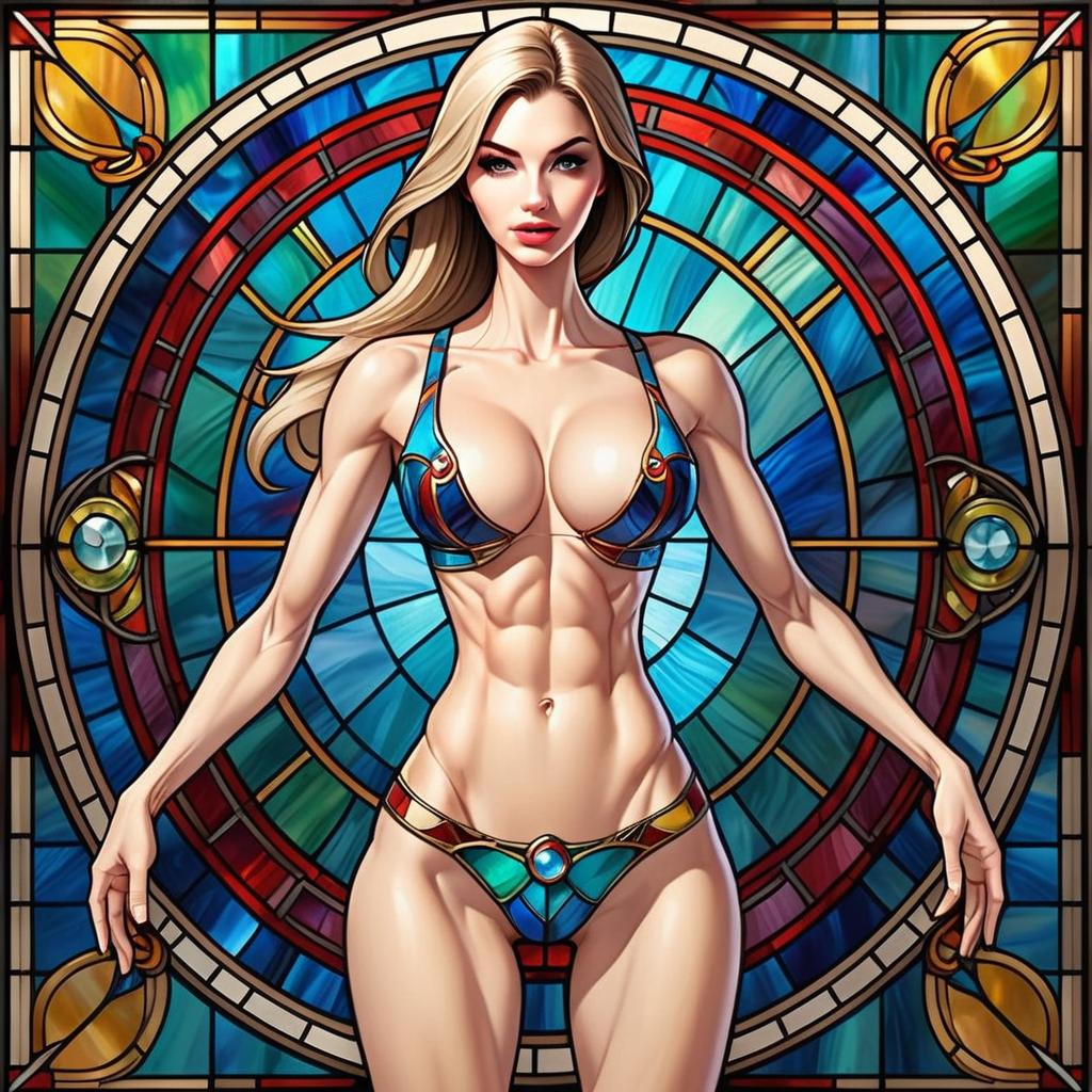 Confident Woman in Blue and Gold Bikini with Stained Glass Background Confident Woman in Blue and Gold Bikini with Stained Glass Background