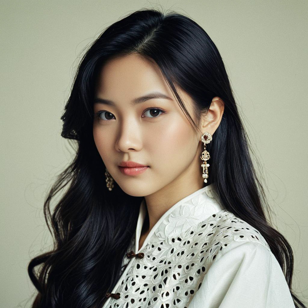 Young Woman in Traditional White Garment with Elegant Earrings