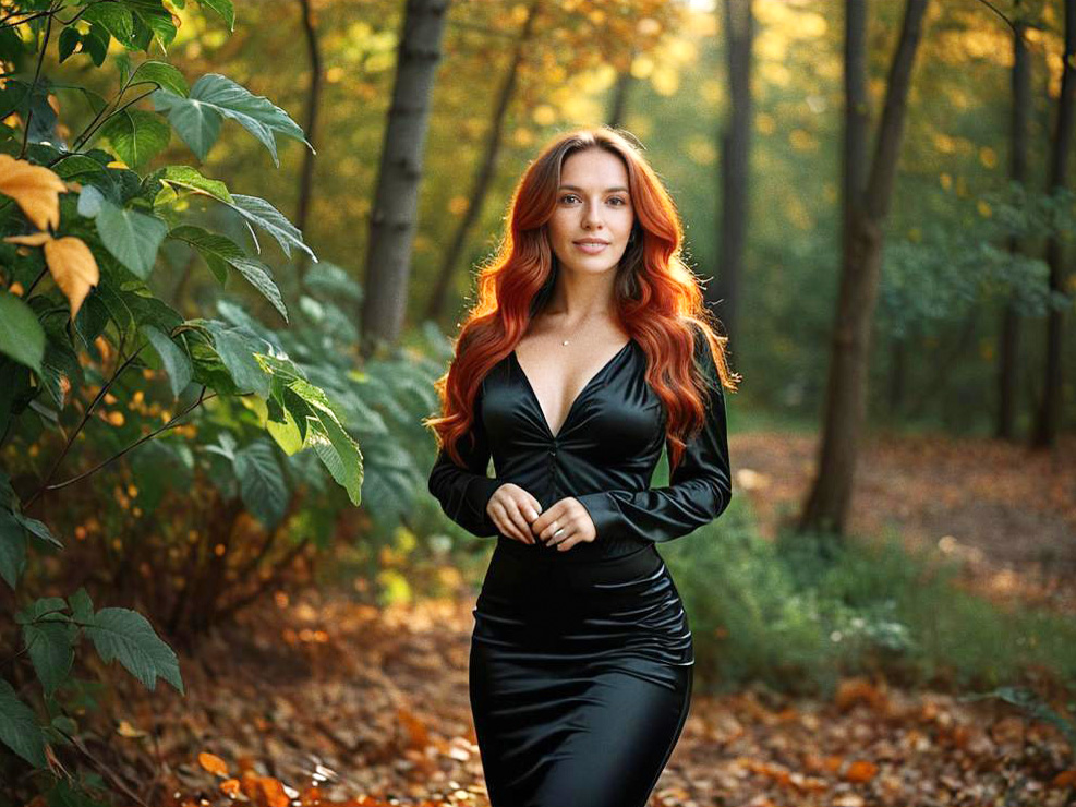 Stunning Woman in Elegant Black Dress in Autumn Forest