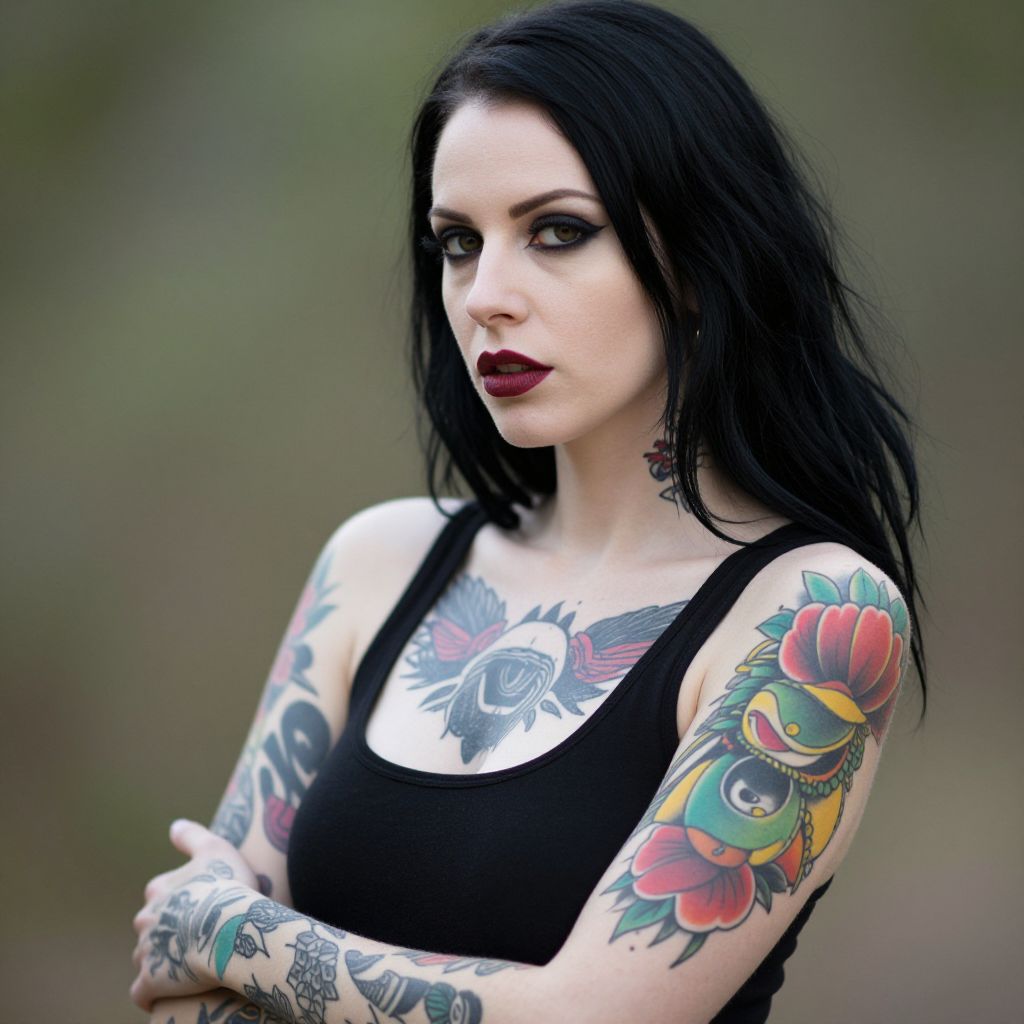 Confident Woman with Bold Makeup and Colorful Tattoos in Black Tank Top