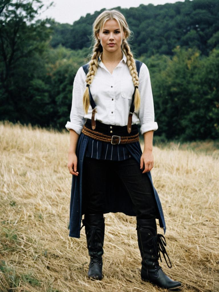 Blonde Woman in Rustic Lydia Costume with Braided Hair and Boots Outdoors