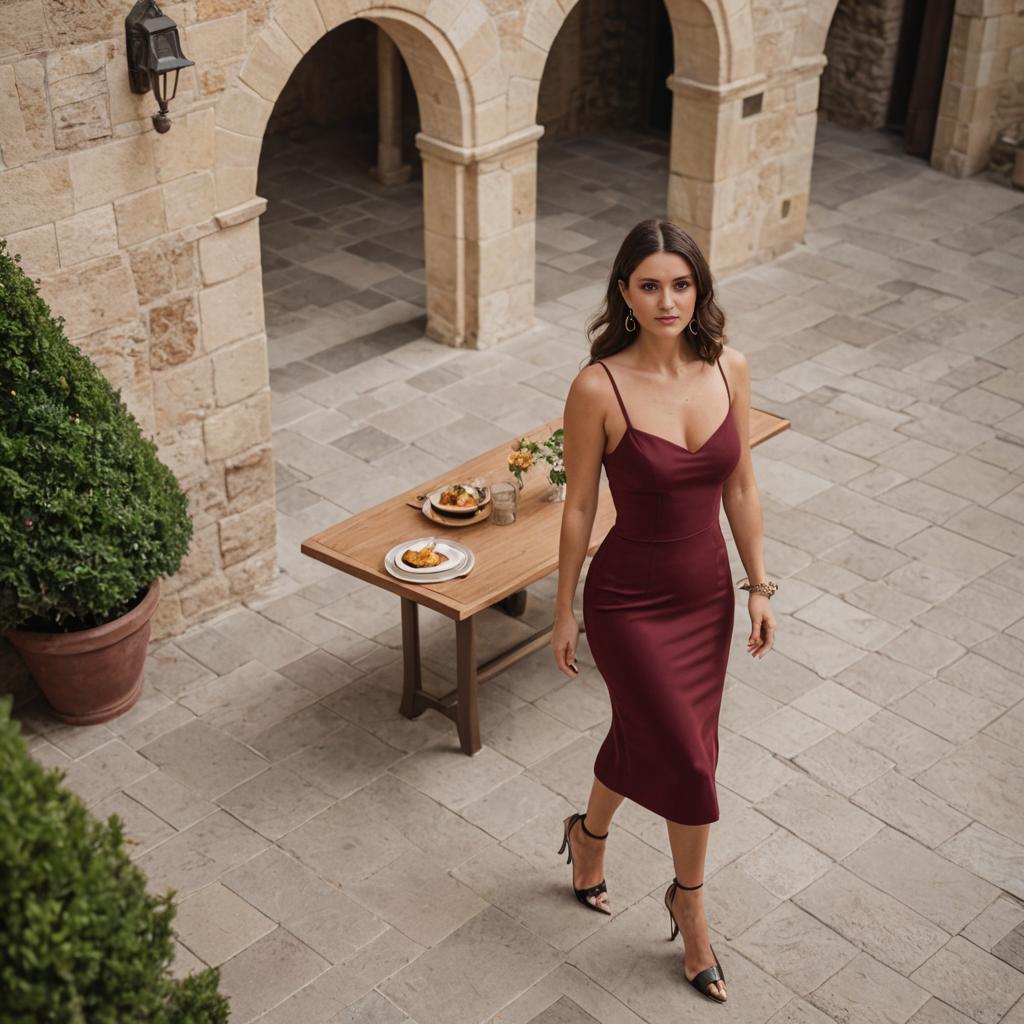 Elegant Woman in Maroon Dress in Artistic Courtyard