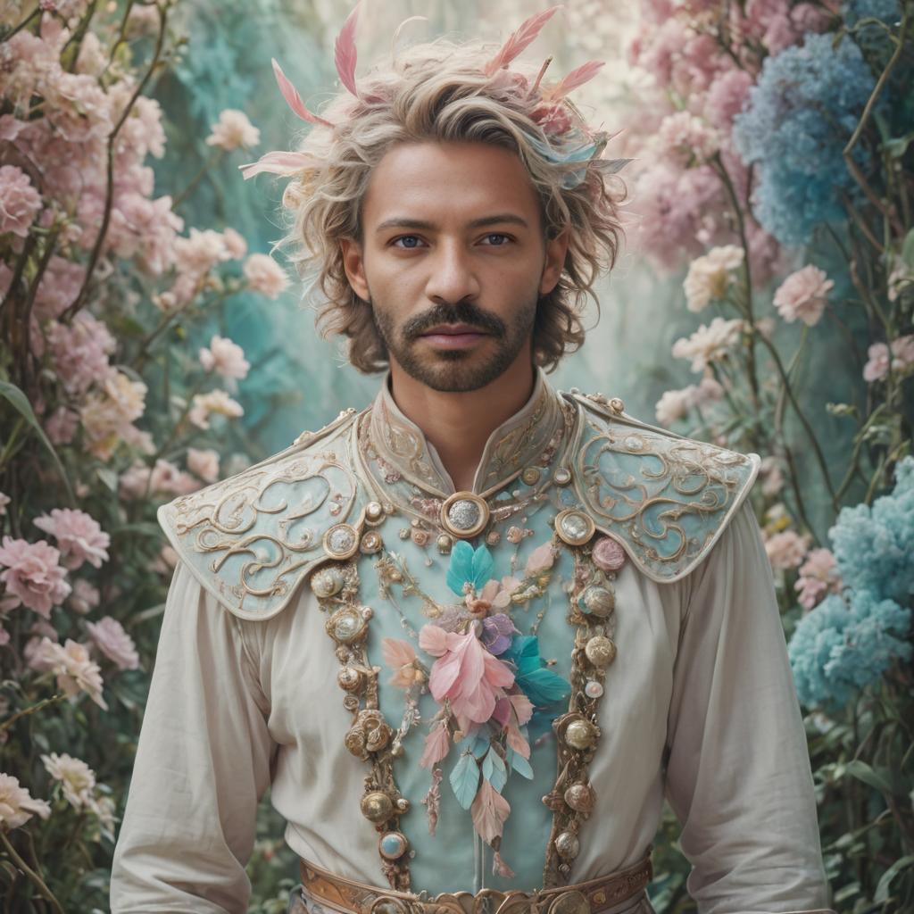 Regal Man in Ornate Costume with Pastel Florals