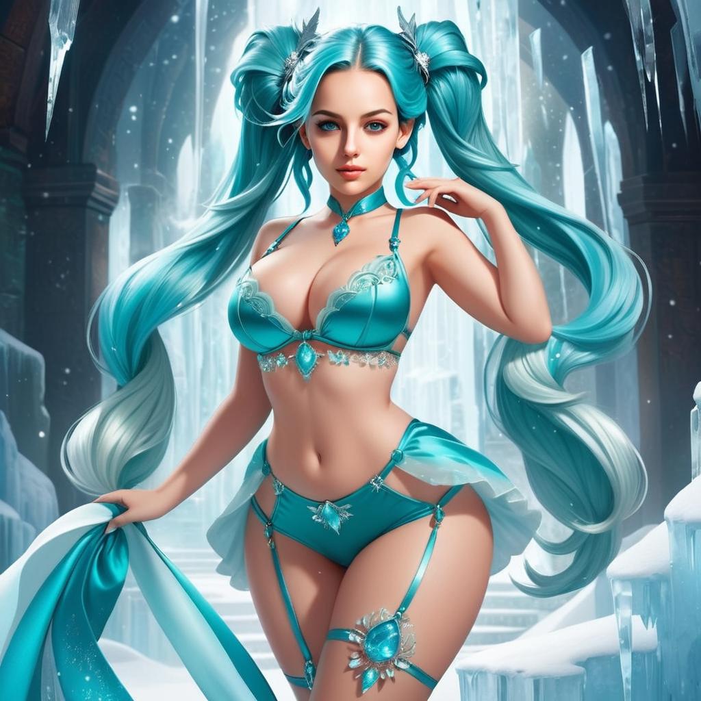 Fantasy Woman with Turquoise Twin Tails in Jewel-Adorned Blue Lingerie Digital Art