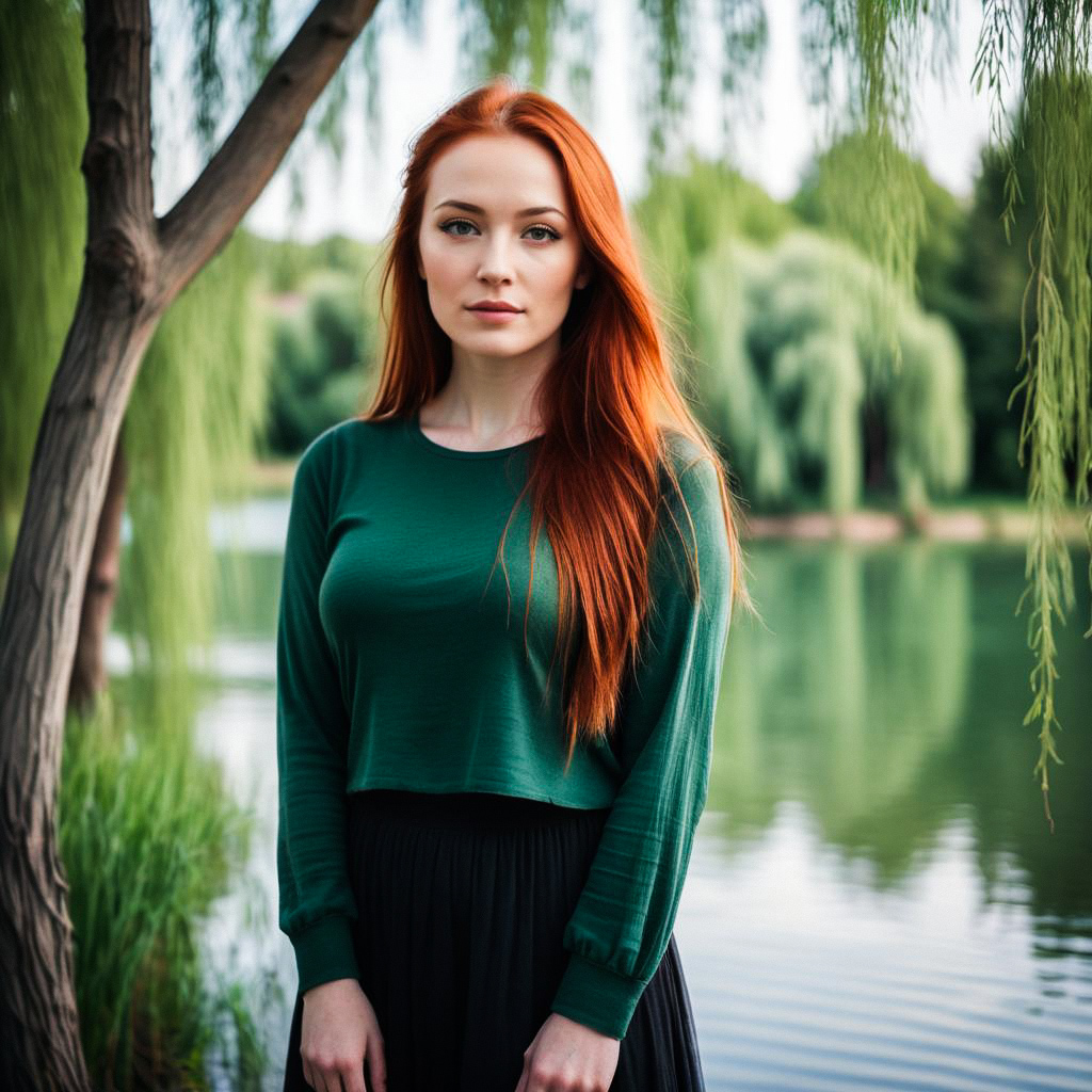 Young Woman with Red Hair by Serene Lake