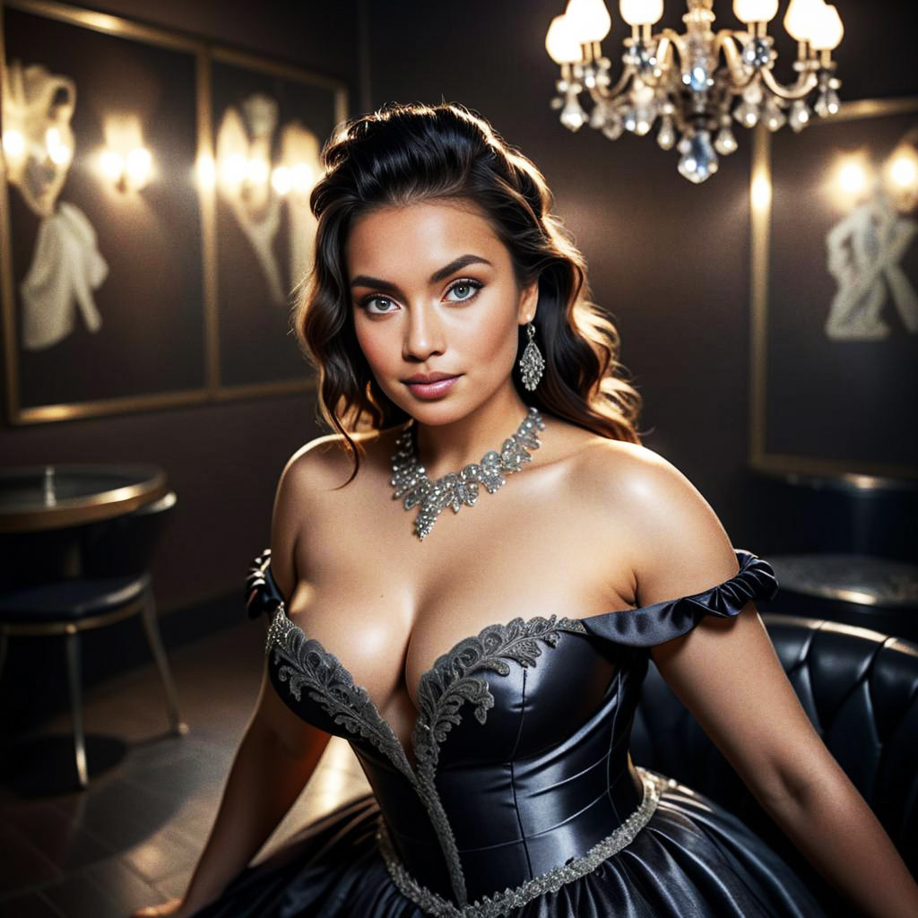 Elegant Woman in Black Gown with Chandelier