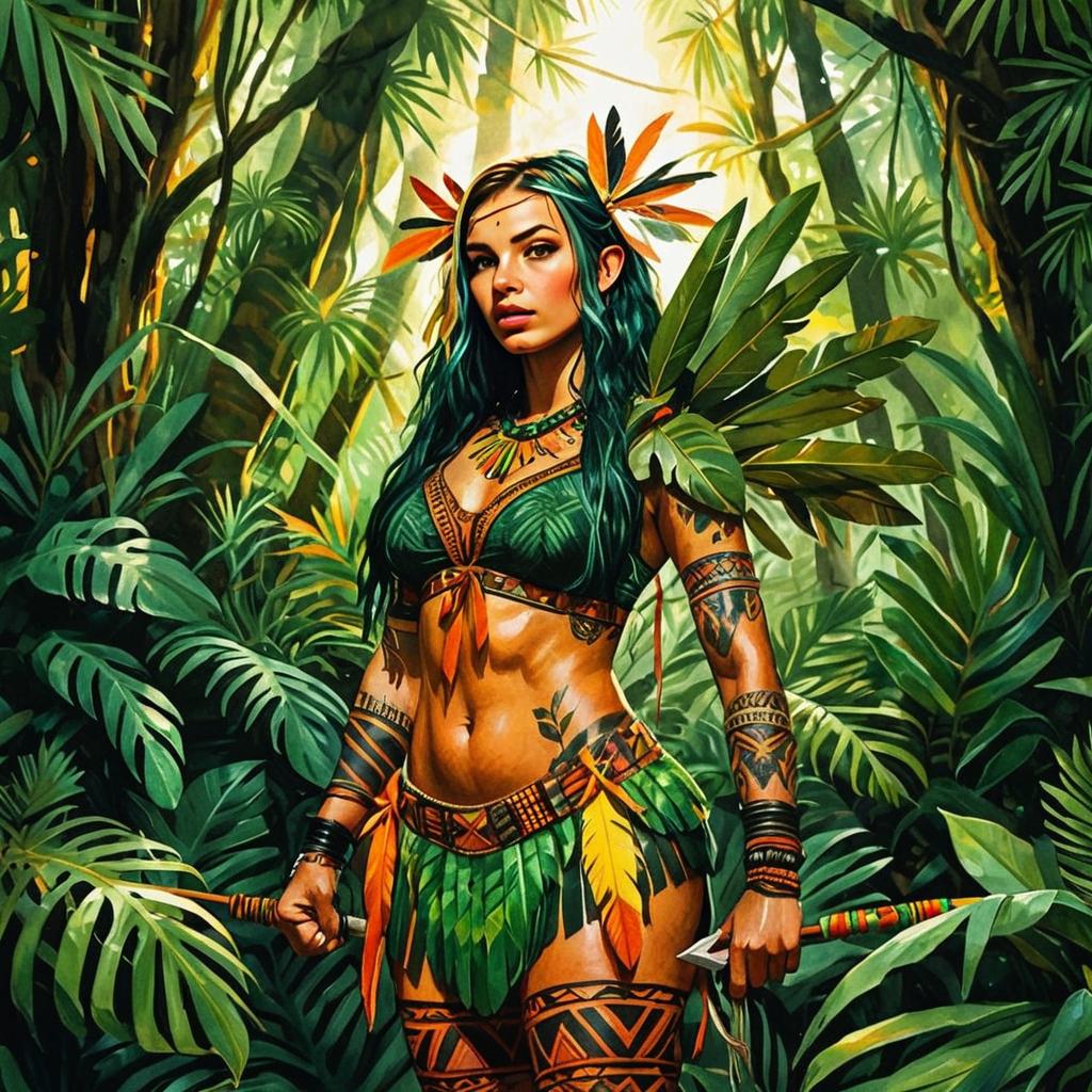 Tribal Woman Warrior in Lush Jungle with Spear