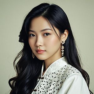 Young Woman in Traditional White Garment with Elegant Earrings