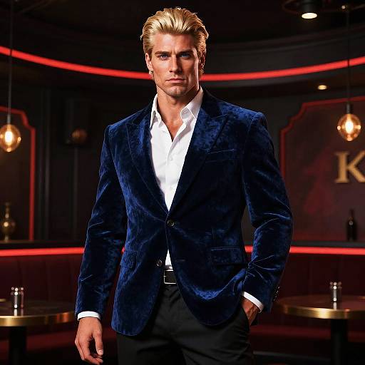 Stylish Gen Z Man in Navy Velvet Blazer in Trendy Lounge