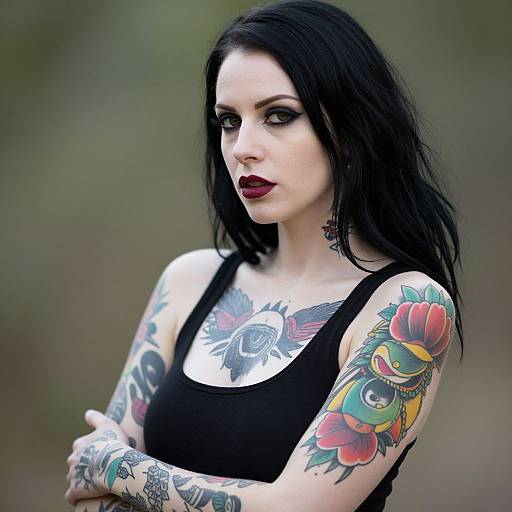 Confident Woman with Bold Makeup and Colorful Tattoos in Black Tank Top